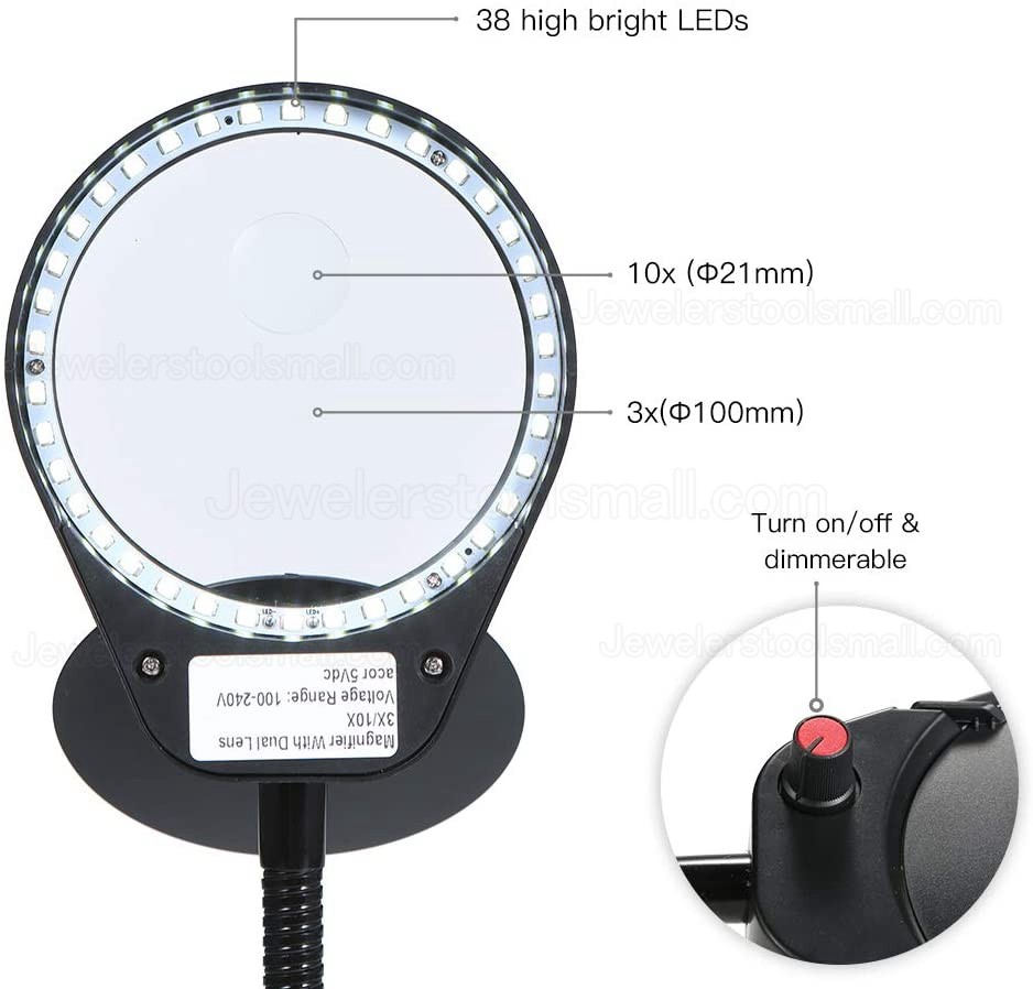 Magnifying Glass Lamp 3X 10X Stepless Dimmable LED Magnifying Lamp with Dust Cover Metal Clamp for Crafts Reading Workbench Jeweler Repair